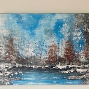 Snowfall winter landscape painting | clouds backdrop